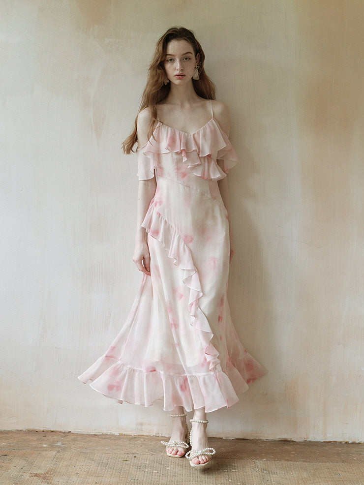 Pink Watercolor Ruffle Slip Dress Elegant Fairycore Summer Outfit Light Pink / M Pink Watercolor Ruffle Slip Dress Elegant Fairycore Summer Outfit Light Pink / M
