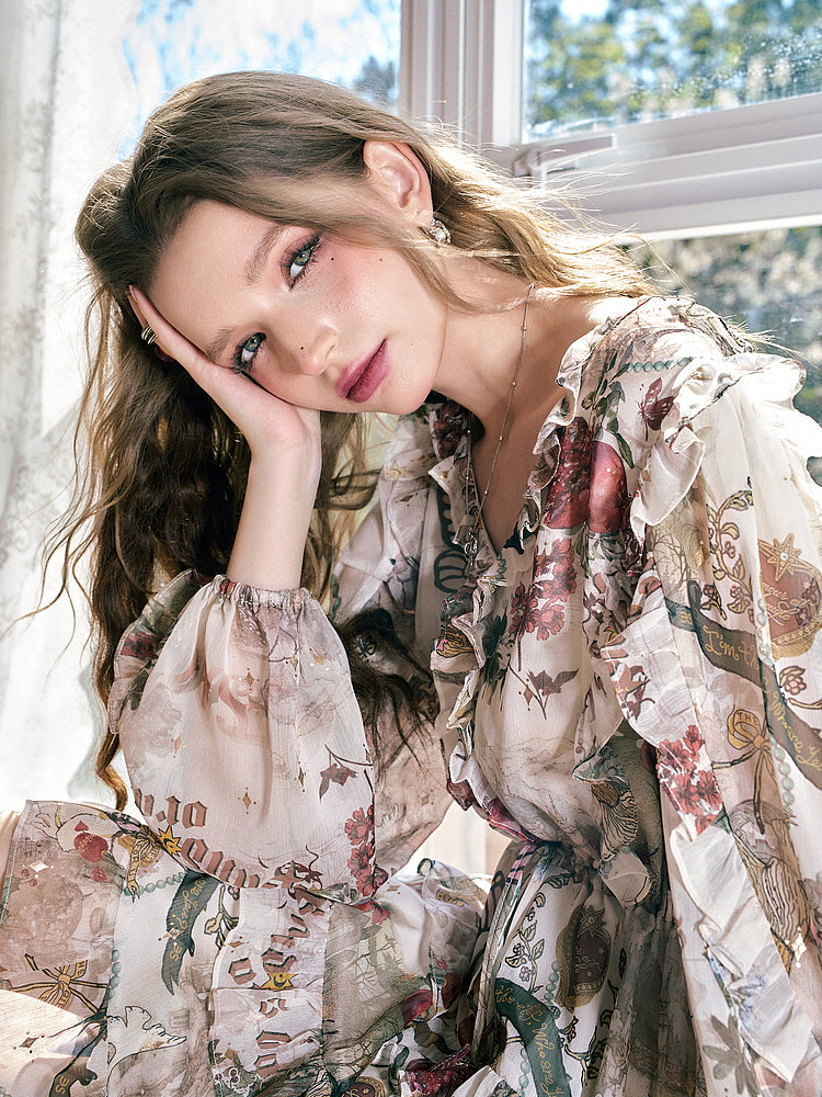 Ethereal Garden Ruffle Chiffon Dress
