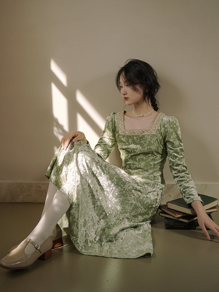 Vintage Green Velvet Embroidered Dress