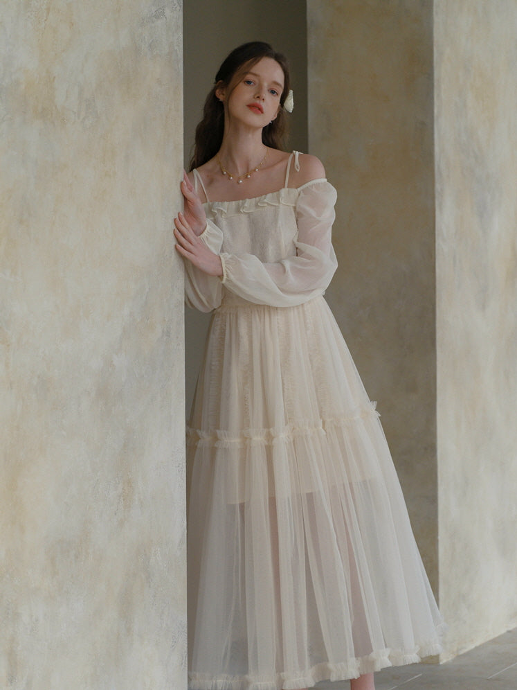 Ivory Tulle Off-Shoulder Dress – Soft Feminine Summer Aesthetic Fashion Ivory / M
