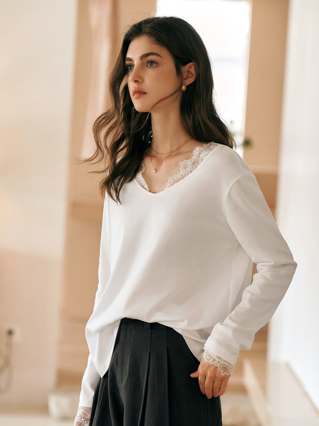 Lace Trim Soft Cotton Long Sleeve Top