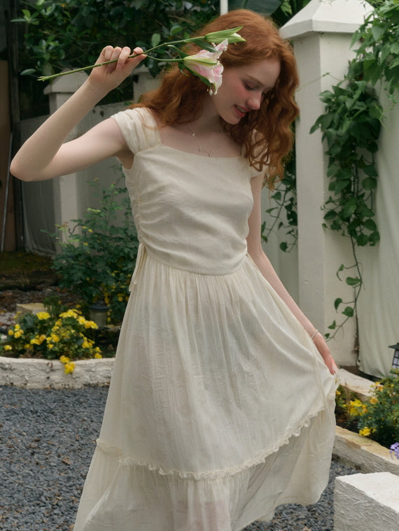 white dress with red accents Ivory Embossed Drawstring Dress with Ruffle Hem – Spring Fairytale Charm