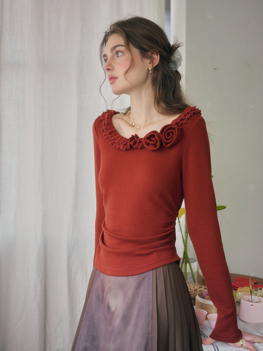 Rosette Ruffle Knit Top