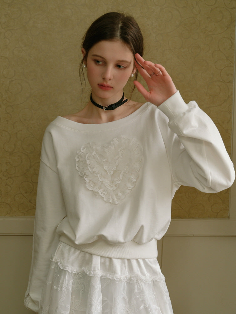 Coquette Lace Heart Off-Shoulder Sweatshirt White / L