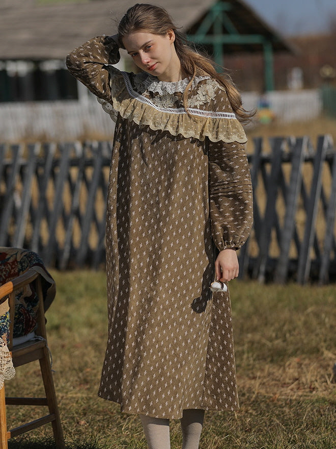 Vintage Floral Brown Corduroy Dress