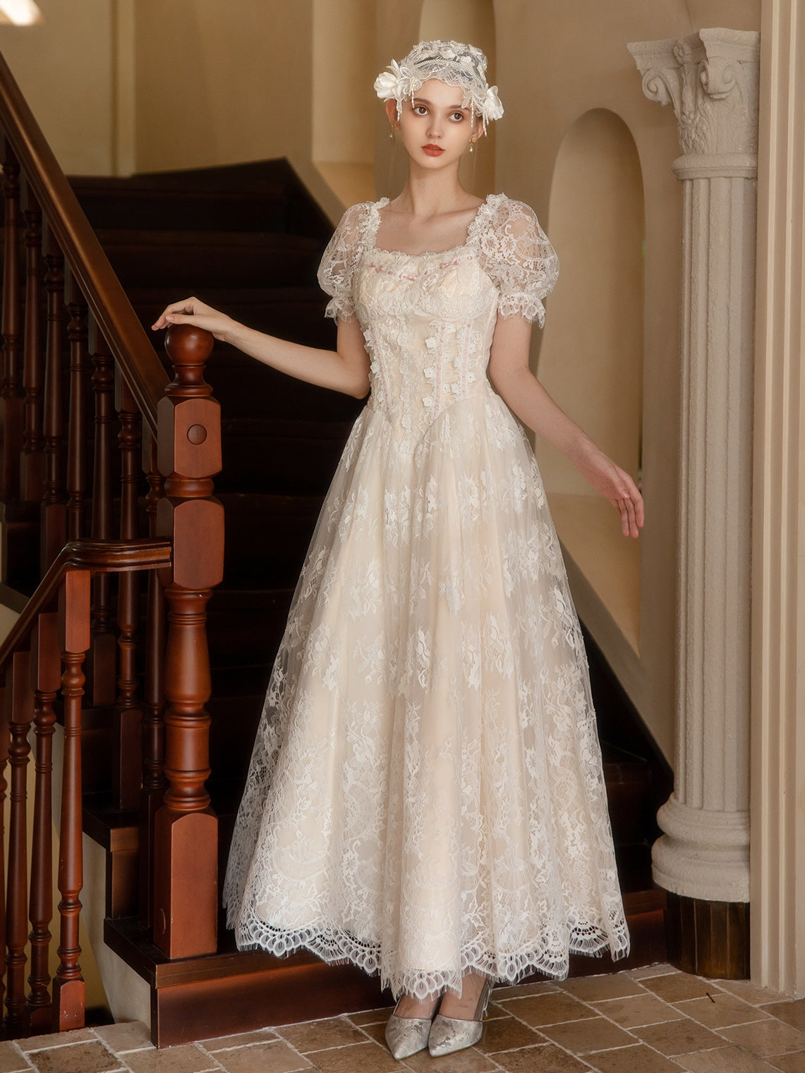 knee length dresses for ladies Off Shoulder A Line Wedding Dress Made from Soft French Lace main image 0