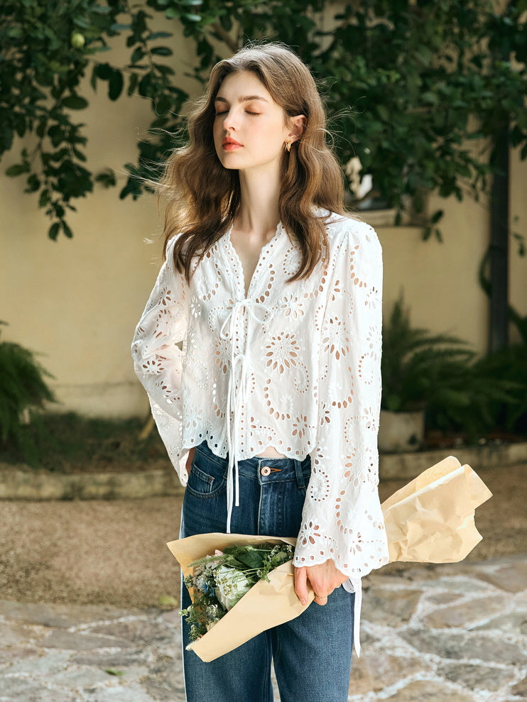 Floral Eyelet Lace Tie-Front Blouse