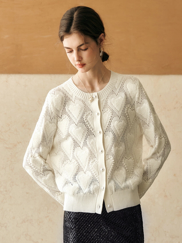 Heart Knit Pearl Button Cardigan