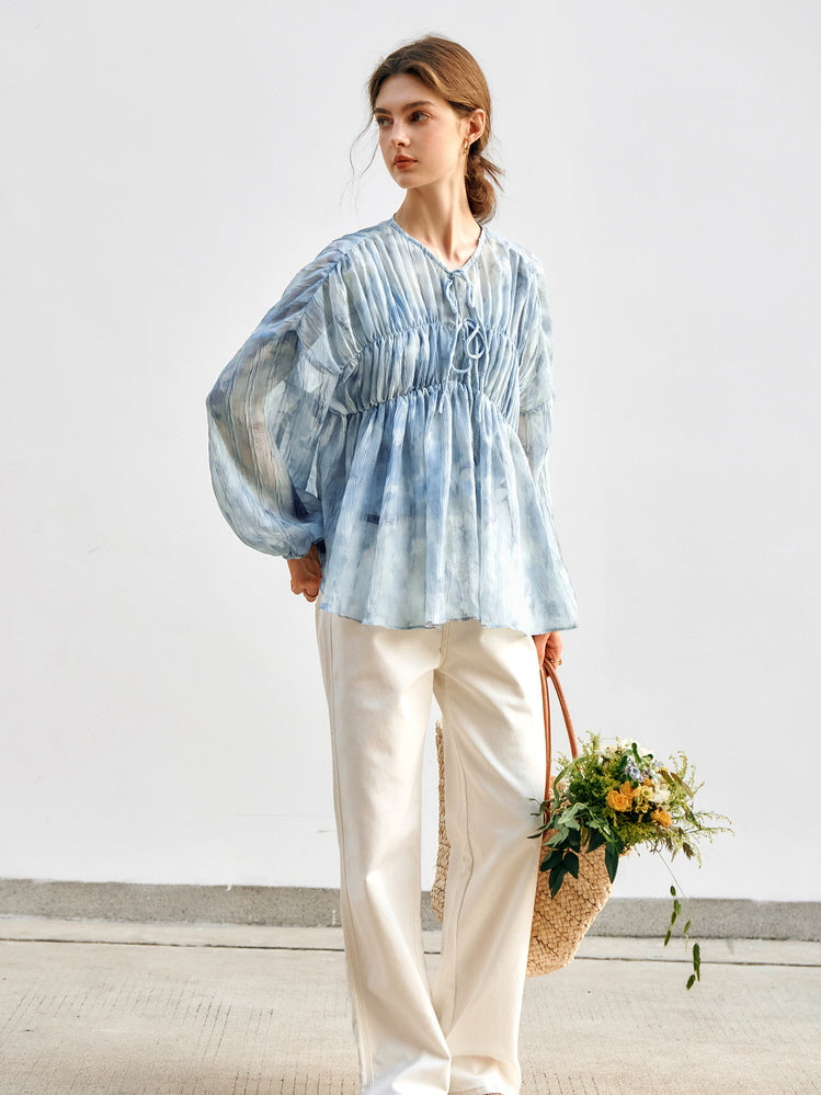 Cloudy Sky Sheer Pleated Blouse