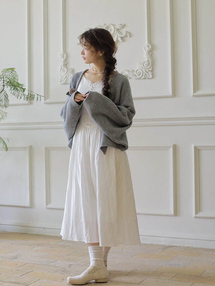 Floral Brooch Wool Blend Knit Cardigan