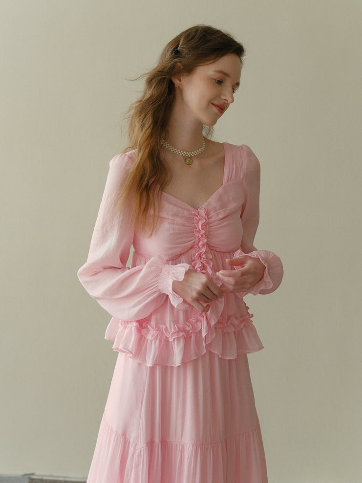 Rosy Frill Long Sleeve Top & Tiered Lace Skirt