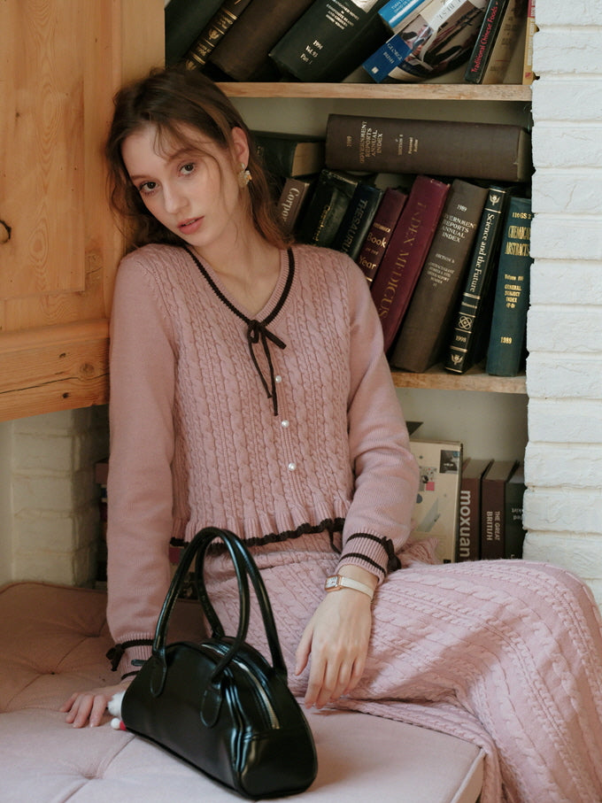 Ribbon Trim Pink Cable Knit Skirt
