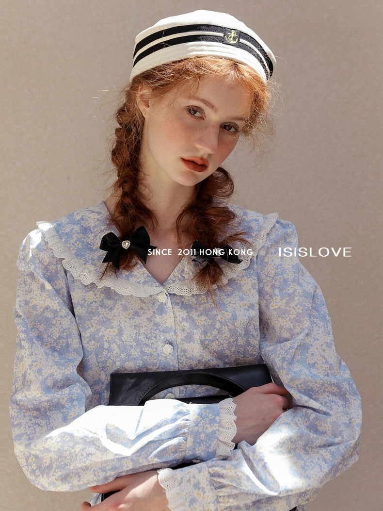 Vintage Blue Floral Lace Trim Blouse