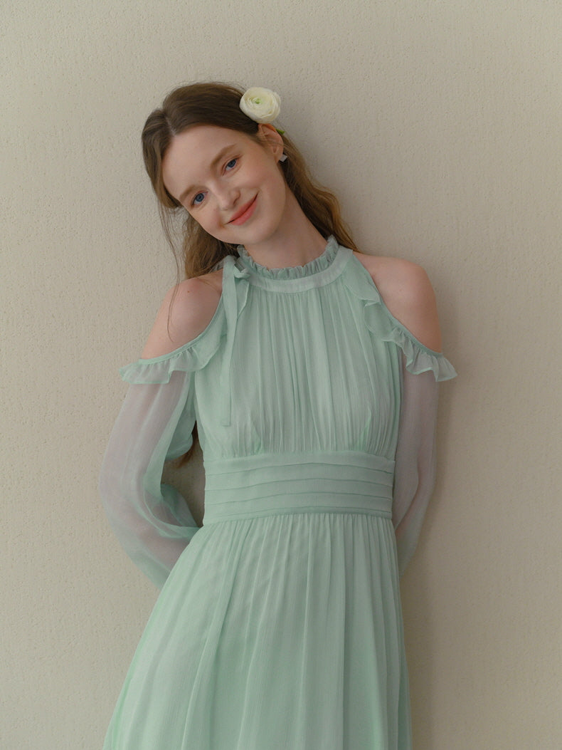 Mint Whispers Cold-Shoulder Dress