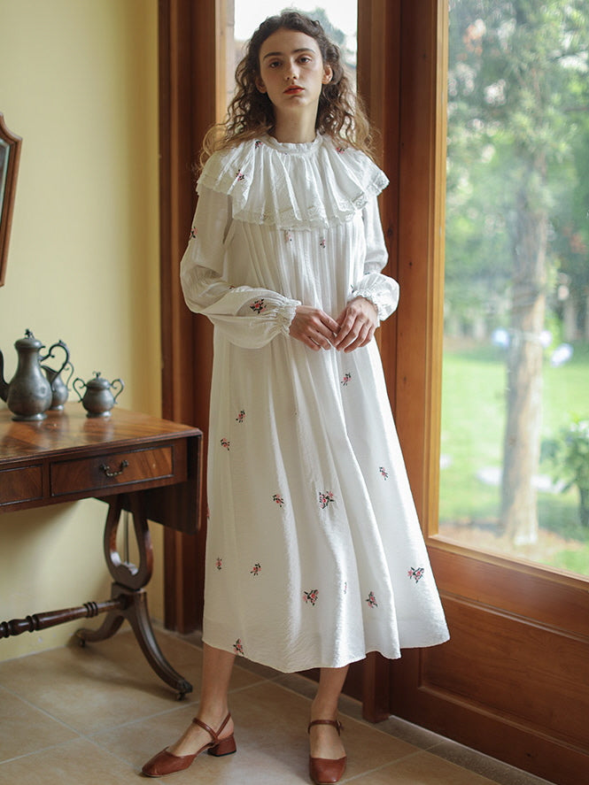 Floral Embroidery Vintage Ruffled Cotton Dress