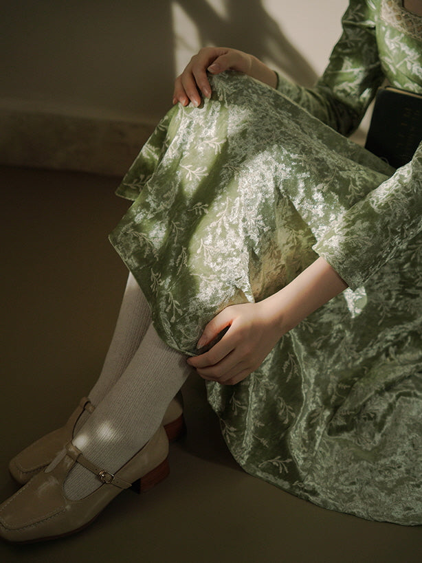 Vintage Green Velvet Embroidered Dress