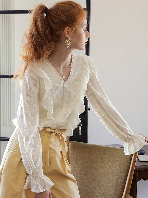 Romantic Lace-Trimmed Ruffle Blouse