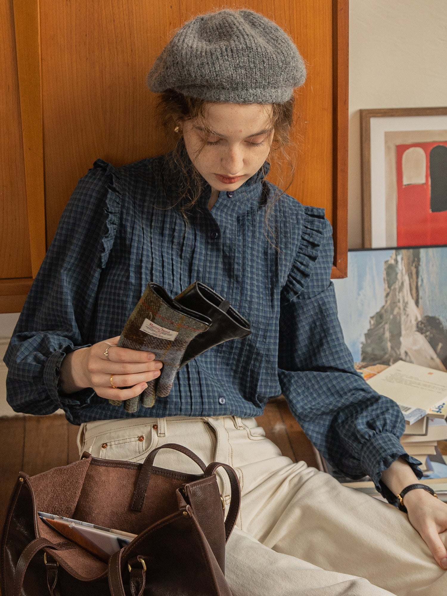 Vintage-Inspired Ruffled Plaid Blouse