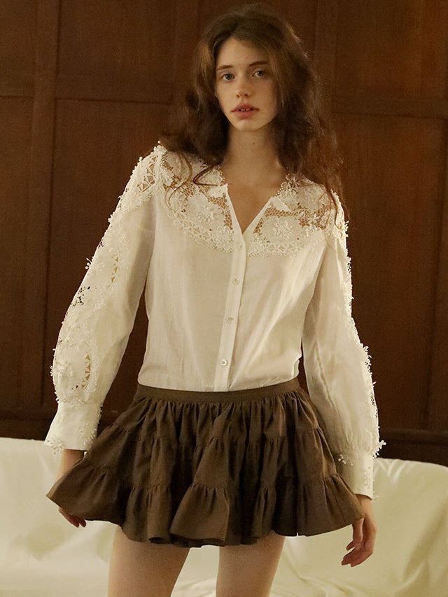 Ethereal Lace Trim Linen-Cotton Blouse