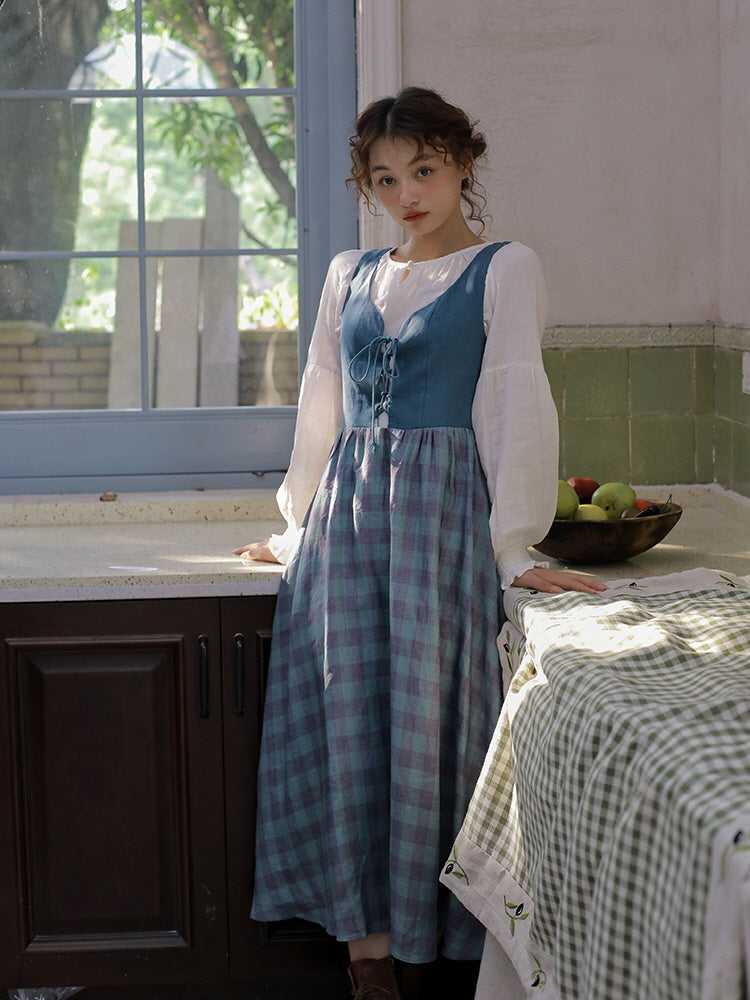 Vintage-Inspired Linen Pinafore Dress & Classic Cotton Blouse