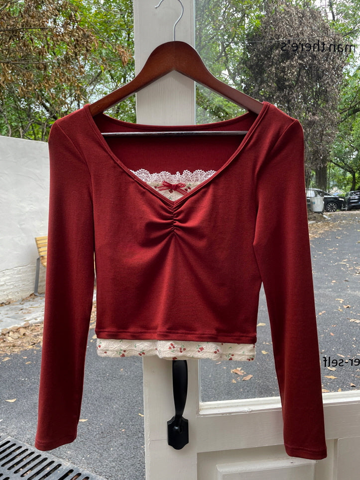 Vintage Knit Top with Lace Trim