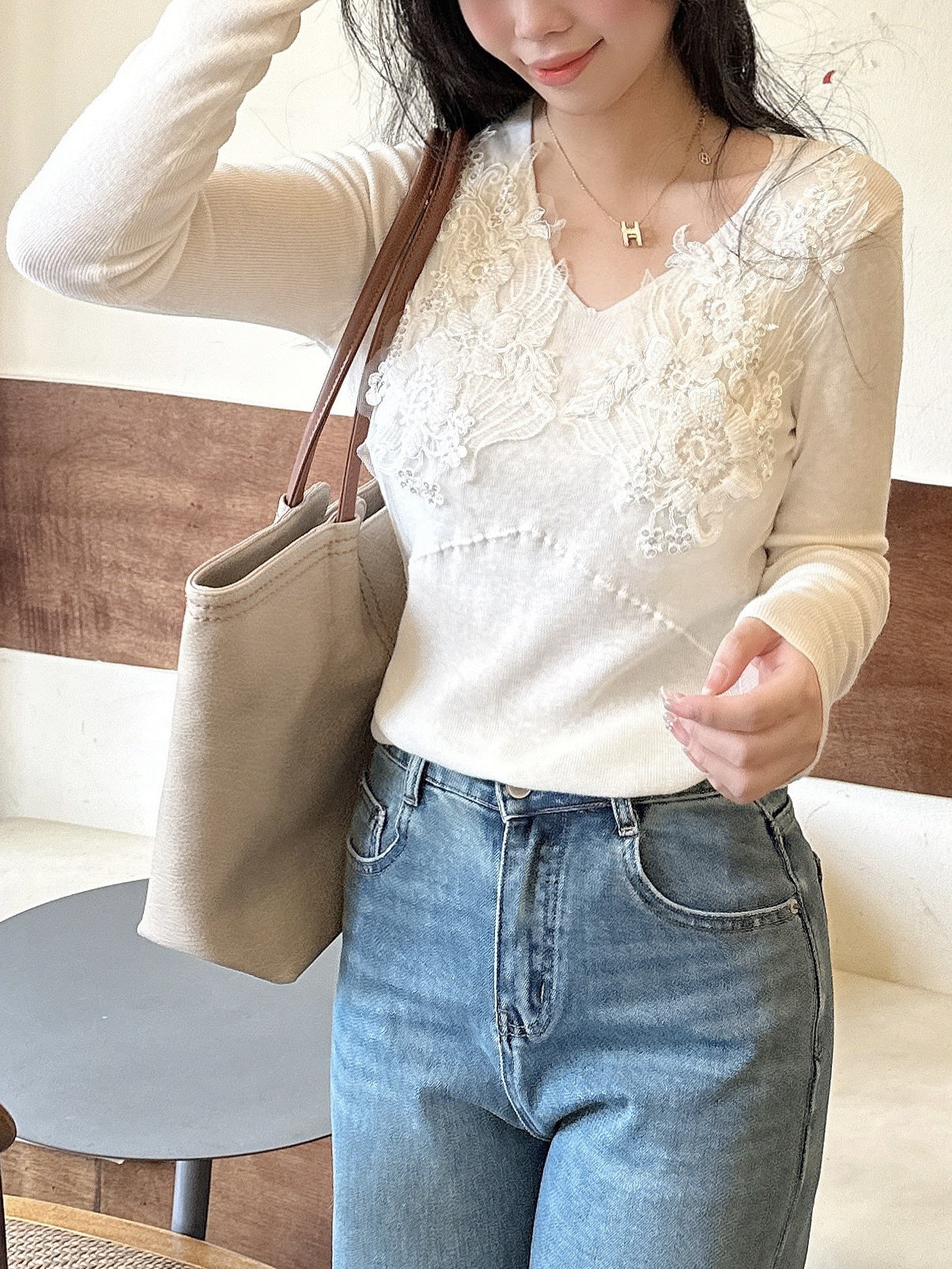 Floral Lace Embellished Knit Top