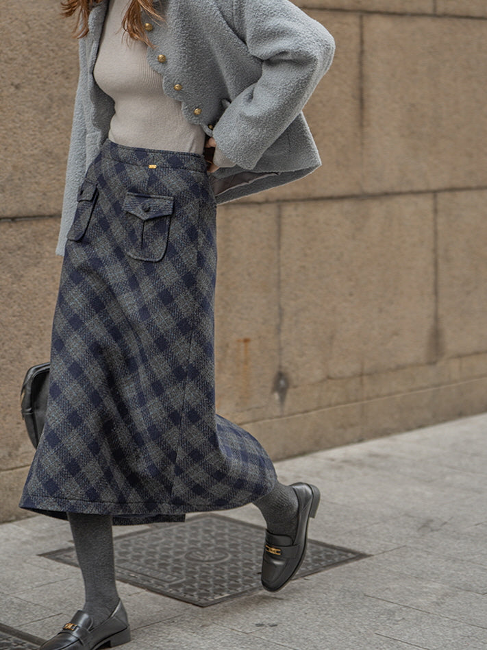 Dreamy Woolen Plaid Gray Checkered Skirt