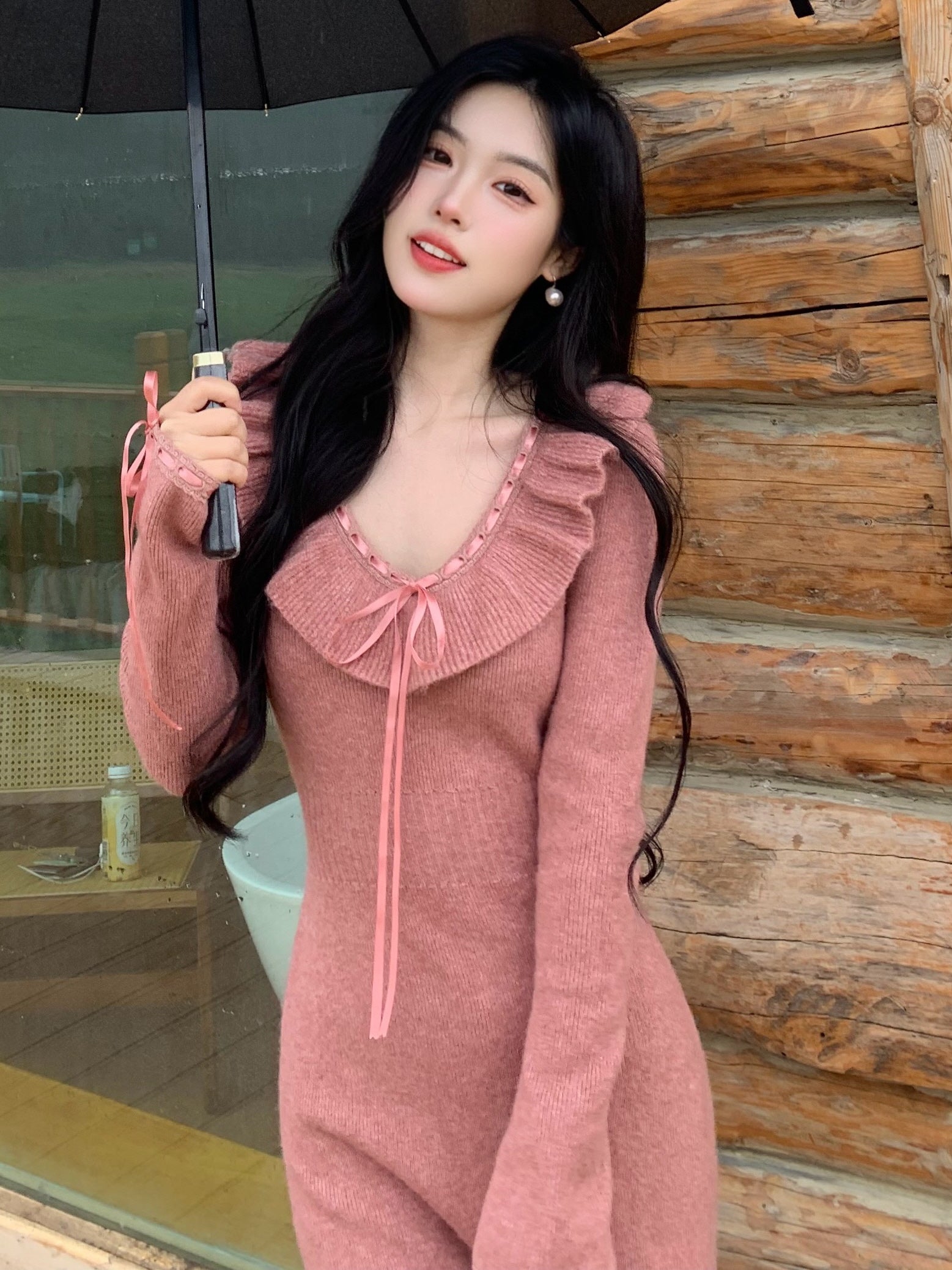 Ruffle Ribbon Blush Pink Knit Dress