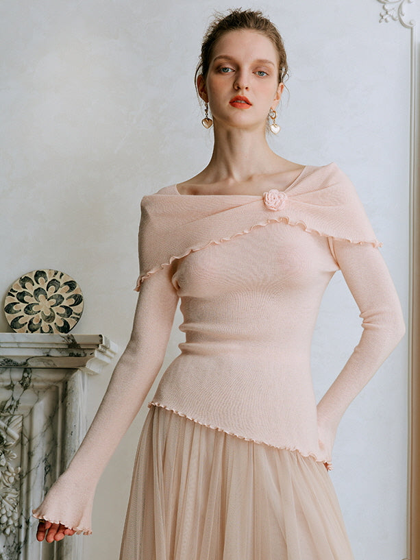 Rosette Charm Asymmetrical Knit Top