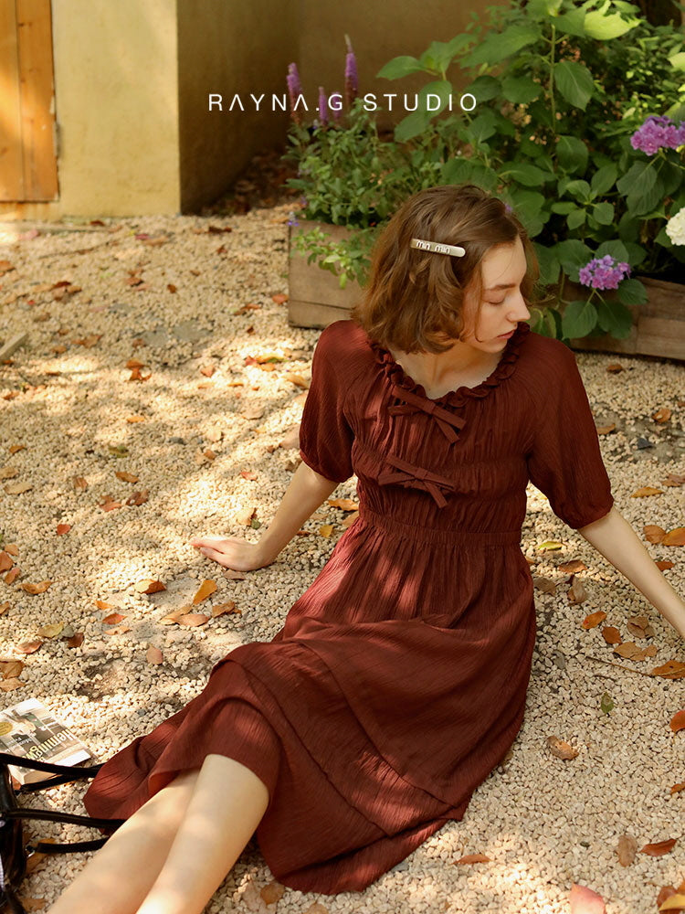 Vintage Cottage Ribbon Wine Red Dress