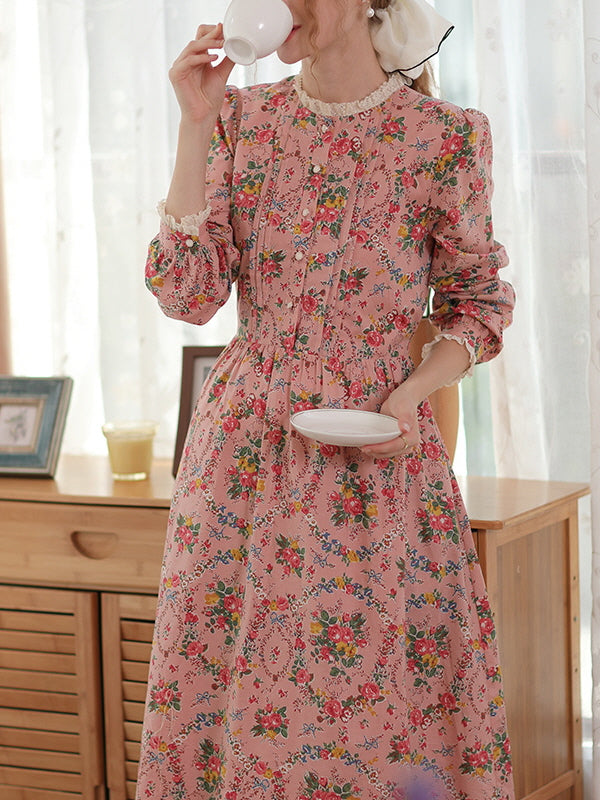Lace Trim Vintage Floral Pink Cotton Dress