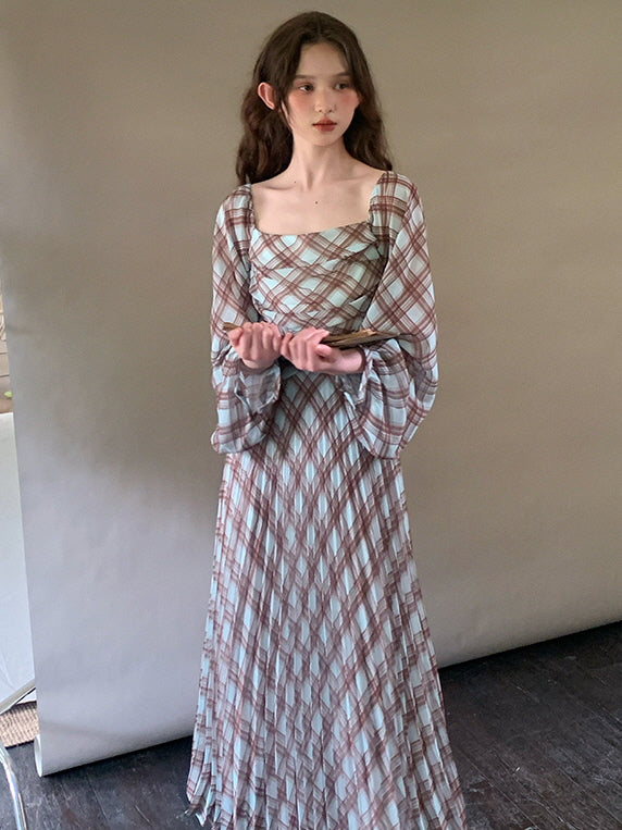 chinese dress ladies Long Sleeve Plaid Mesh Ruched Maxi Dress main image 0