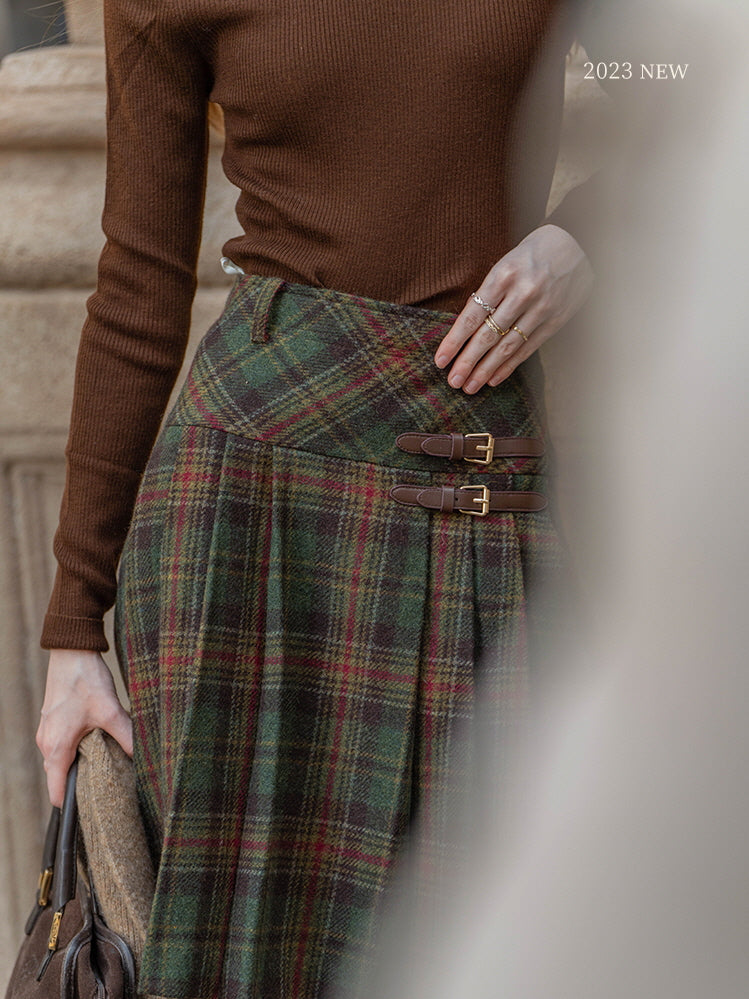 Vintage Wool Plaid Buckle Green Checkered Skirt