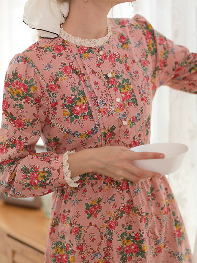 Lace Trim Vintage Floral Pink Cotton Dress