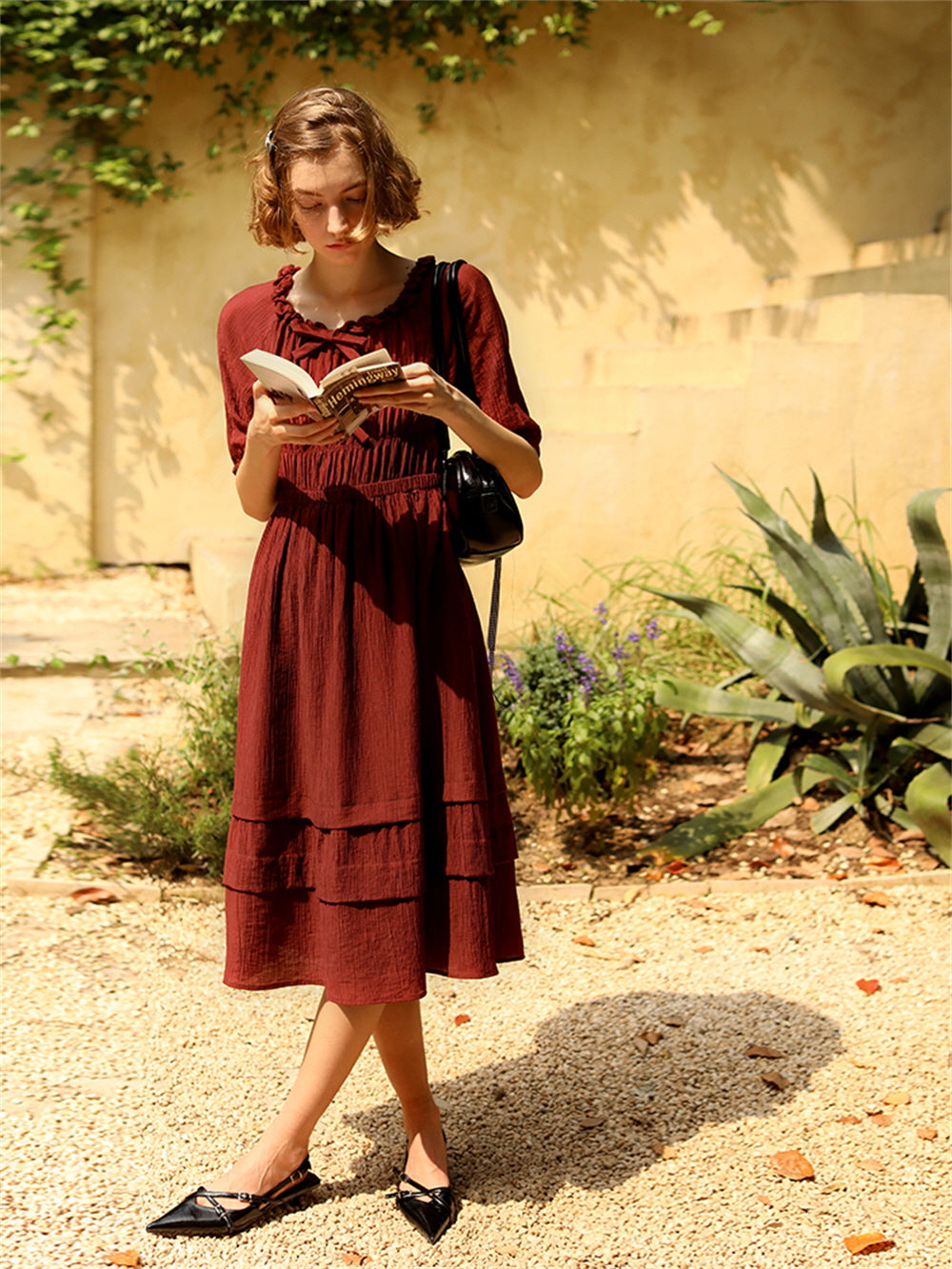 Vintage Cottage Ribbon Wine Red Dress