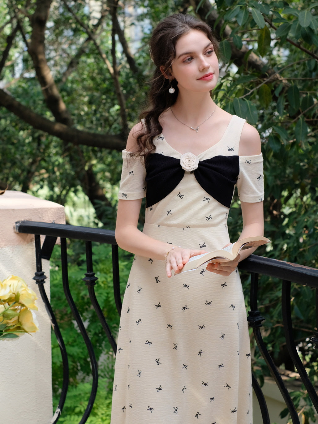 Bow Embellished Off-Shoulder A-Line Dress