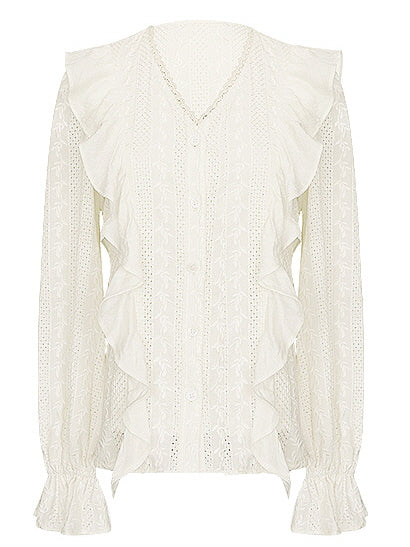 Romantic Lace-Trimmed Ruffle Blouse