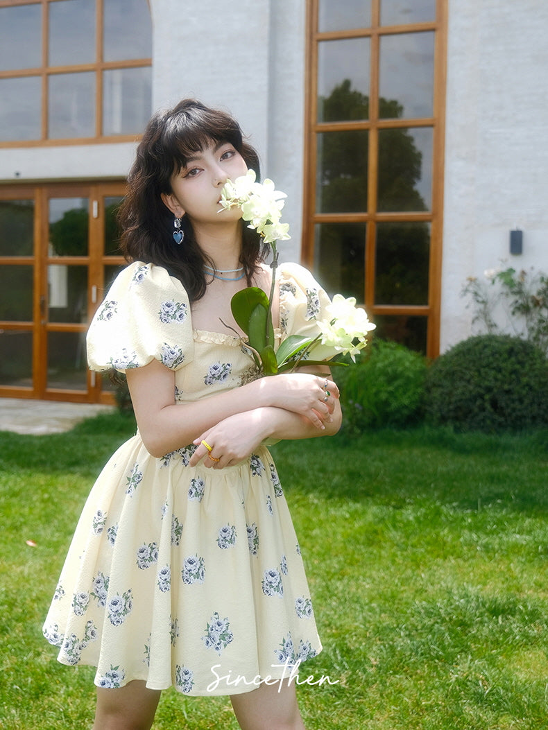 Sunlit Meadow Floral Puff-Sleeve Coquette Dress Yellow / M Sunlit Meadow Floral Puff-Sleeve Coquette Dress Yellow / M