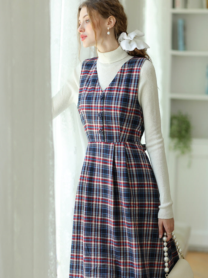 Plaid Dreams Sleeveless Pinafore Dress Navy Check / L Plaid Dreams Sleeveless Pinafore Dress Navy Check / L