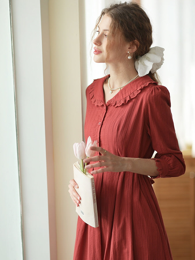 Lace-Trimmed Vintage Rust Cotton Dress