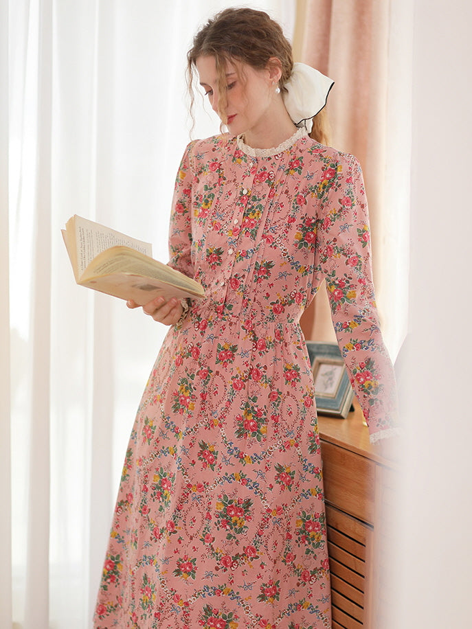 Lace Trim Vintage Floral Pink Cotton Dress