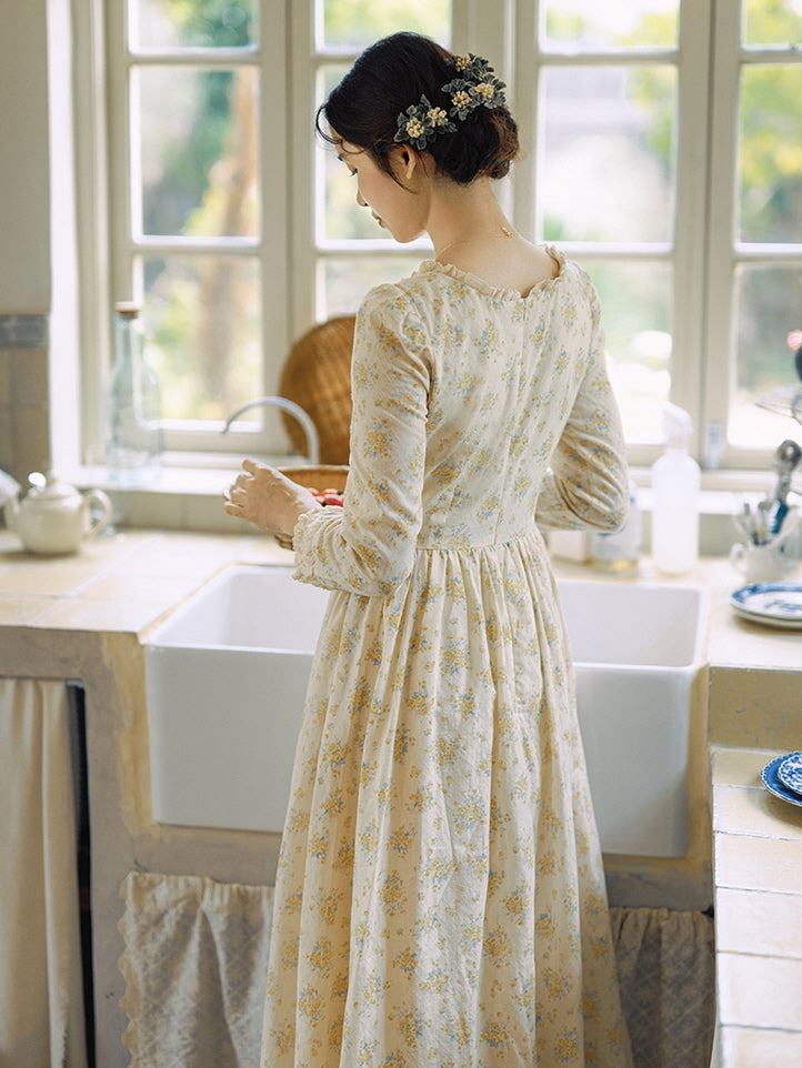 Floral Cottagecore Long-Sleeve Cotton Dress