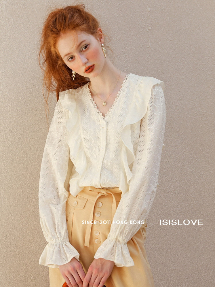 Romantic Lace-Trimmed Ruffle Blouse