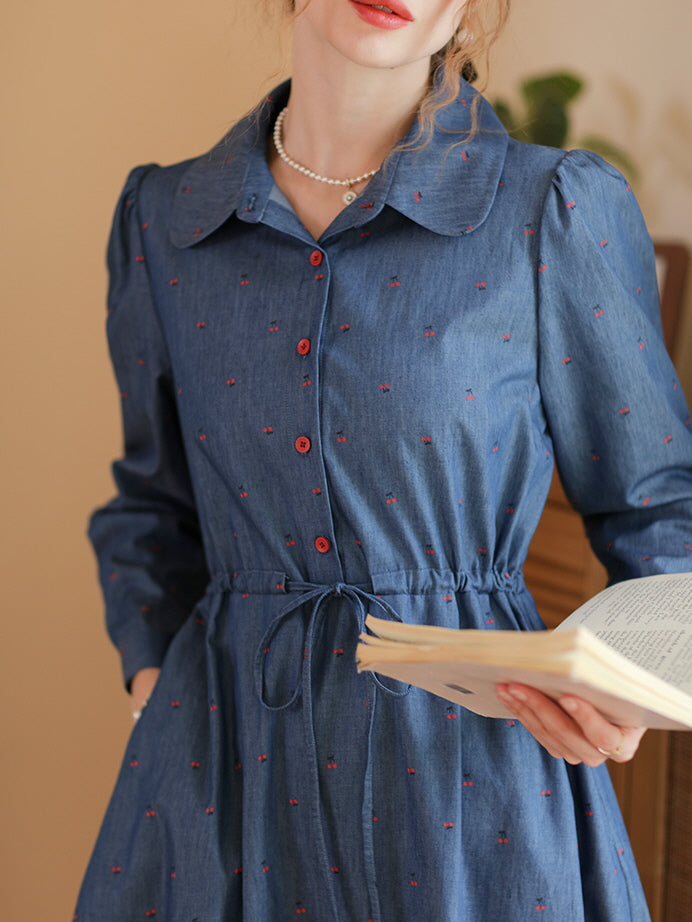 Cherry Embroidered Blue Cotton Dress