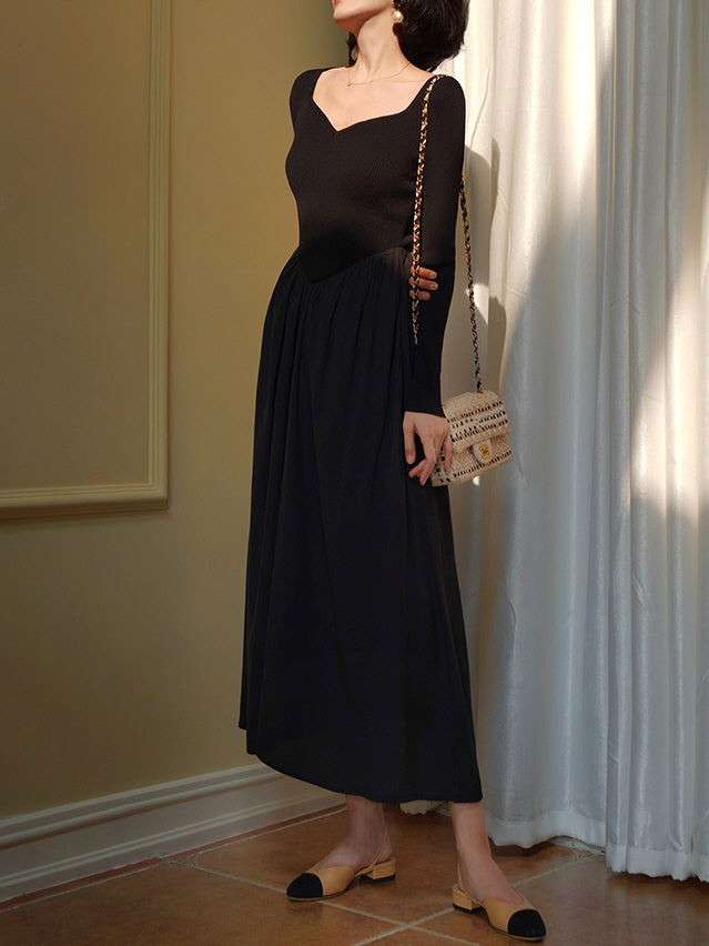 Vintage-Inspired Black Knit and Chiffon Dress Black / L