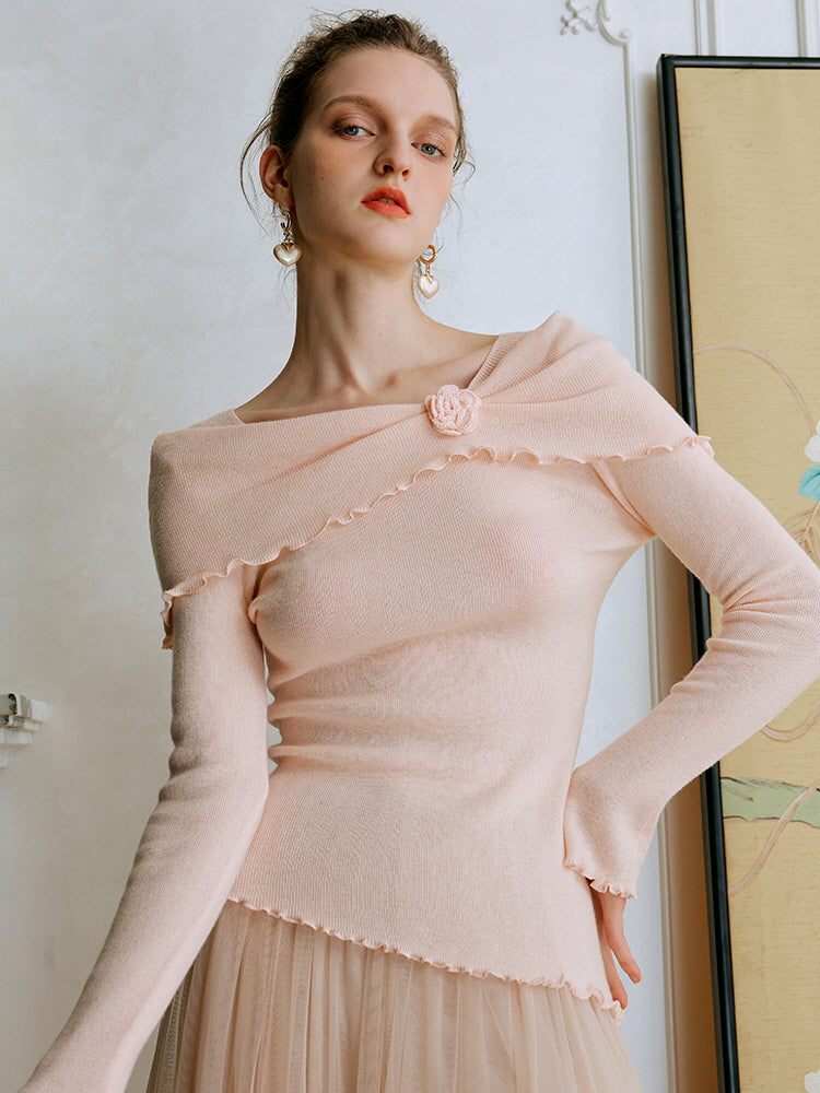 Rosette Charm Asymmetrical Knit Top