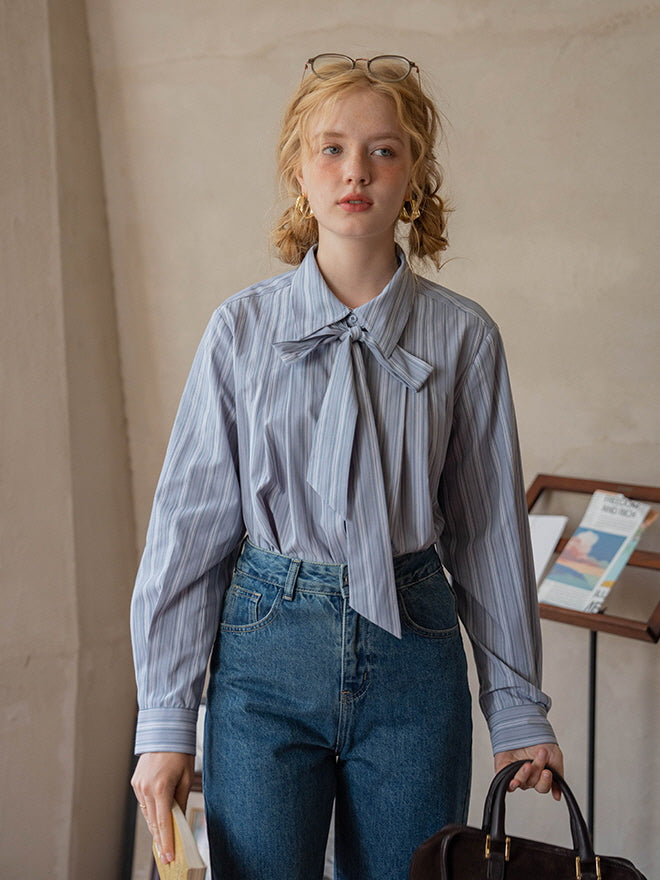 Vintage Striped Bow-Tie Blouse