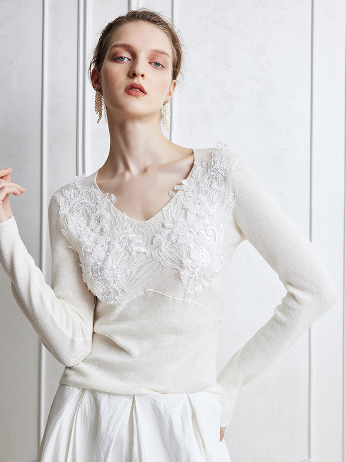 Floral Lace Embellished Knit Top