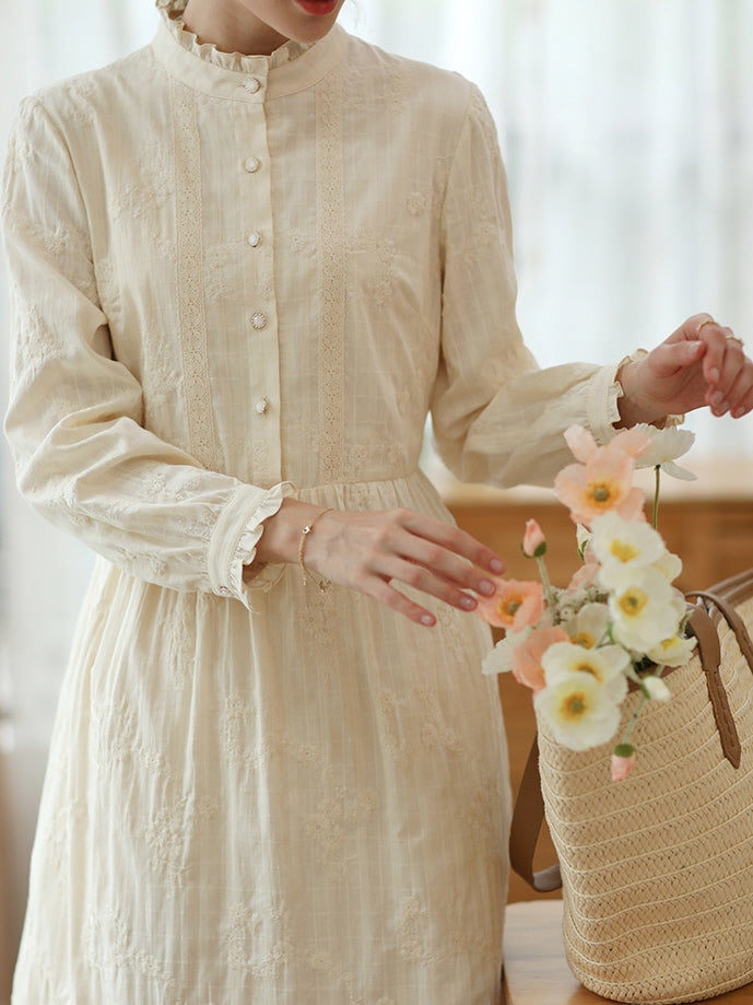 Vintage-Inspired Floral Embroidered Cotton Dress