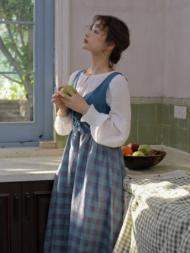 Vintage-Inspired Linen Pinafore Dress & Classic Cotton Blouse